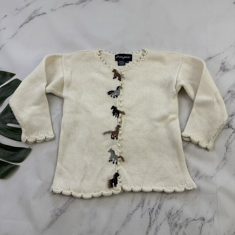 Molly Goggles Girls Vintage 90s Cardigan Sweater Size 7 White Horses Pony Knit
